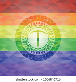 pickaxe icon on mosaic background with the colors of the LGBT flag