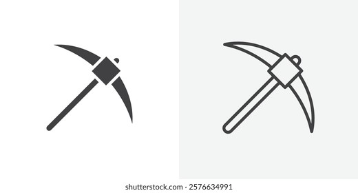 Pickaxe icon set in black flat solid and outlined style.