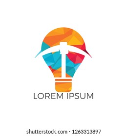 Pickaxe and Light bulb mining logo design. Mining industry logo design template.