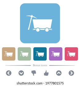 Pickaxe and mine cart white flat icons on color rounded square backgrounds. 6 bonus icons included