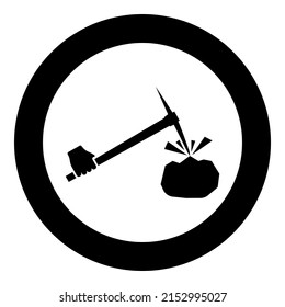 Pickaxe mining beats stones flying Holding in hand icon in circle round black color vector illustration image solid outline style