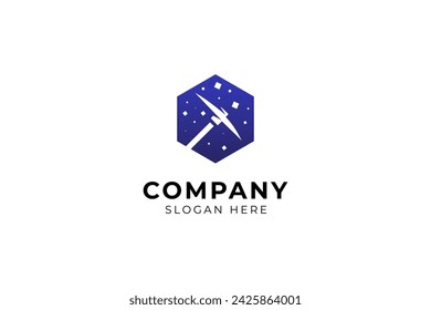 Ilustración plana del vector de la plantilla del diseño del icono de la minería del pico en forma hexagonal del diseño