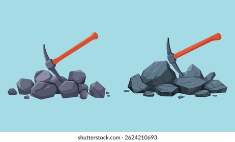 Pickaxe Mining Rocks Vector Illustration. Mining and Extraction Concept – Flat Vector Illustration of Pickaxe with Rocks