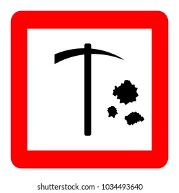 Pickaxe mining tool icon. Vector illustration isolated on white background, red square sign