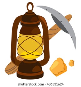 Pickaxe and oil lamp icon. Useful Resources, vintage tool.