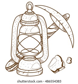 Pickaxe and oil lamp icon. Useful Resources, vintage tool.