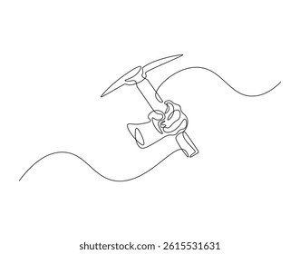 Pickaxe outline drawing illustration. Continuous line draw of mining equipment vector.