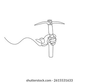 Pickaxe outline drawing illustration. Continuous line draw of mining equipment vector.