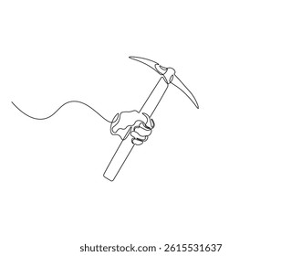 Pickaxe outline drawing illustration. Continuous line draw of mining equipment vector.