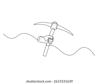 Pickaxe outline drawing illustration. Continuous line draw of mining equipment vector.