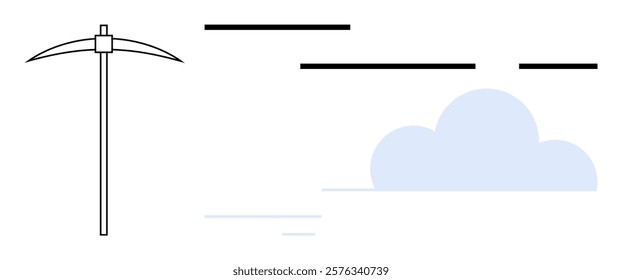 A pickaxe is placed on the left side with a cloud and abstract horizontal lines on the right side. Ideal for mining, cloud computing, technology, data analysis, and futuristic design. Simple modern