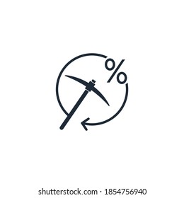 Pickaxe, rotation arrow and percent sign. Do a job or a financial transaction, get an incentive interest and repeat again. Economic strategy. Vector linear icon isolated on white background.