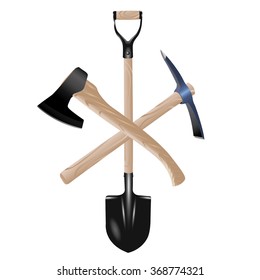 Pickaxe, shovel and ax. Tools digger or miner with wooden handle. Colored vector illustration.