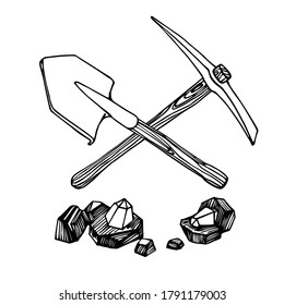 pickaxe, pala y trozos de carbón con piedras de diamante, herramienta de minería, logotipo o emblema de caza del tesoro, ilustración vectorial con líneas de tinta negra aisladas en un fondo blanco en un estilo dibujado a mano