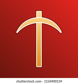 Pickaxe sign. Golden gradient Icon with contours on redish Background. Illustration.