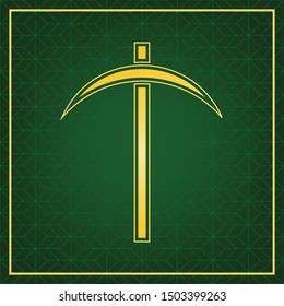 Pickaxe sign. Golden icon with gold contour at dark green gridded white background. Illustration.