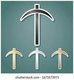 Pickaxe sign. Set of metallic Icons with gray, gold, silver and bronze gradient with white contour and shadow at viridan background. Illustration.