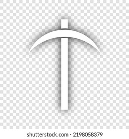 Pickaxe sign. White Icon with dropped natural gray Shadow at transparent Background. Illustration.
