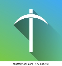 Signo de Pickaxe. Icono blanco con sombra ilimitada gris sobre fondo verde a azul. Ilustración.