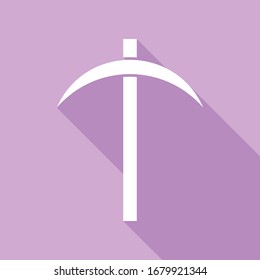 Signo de Pickaxe. Icono blanco con una larga sombra en fondo morado.  Ilustración.