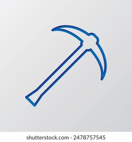 Pickaxe simple icon. Flat design. Paper cut design. Cutted blue symbol with shadow. Gray background.ai