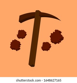 Pickaxe and soil on a brown background 3d, vector