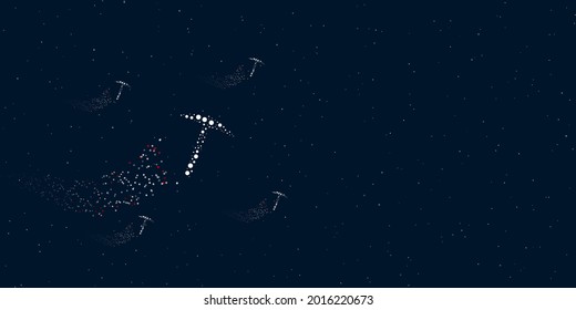 A pickaxe symbol filled with dots flies through the stars leaving a trail behind. Four small symbols around. Empty space for text on the right. Vector illustration on dark blue background with stars