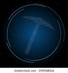 The pickaxe symbol filled with white dots. Pointillism style. Some dots is pink. Vector illustration on blue background with stars