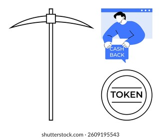 Pickaxe symbol, person holding cash back sign, and token icon. Ideal for cryptocurrency, blockchain technology, digital currency, online transactions, and digital rewards themes. Simple vector style
