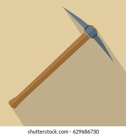 Pickaxe with wooden handle. Flat design vector illustration