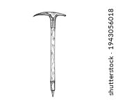 Pickaxe with wooden handle, gravure style hand drawn vector outline illustration