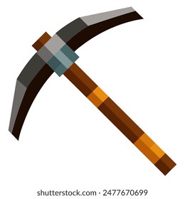 A pickaxe with a wooden handle set against a plain white background