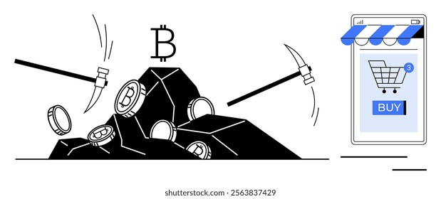 Pickaxes and bitcoin symbols emerging from rocks signifying mining with a shopping cart icon on a smartphone screen. Ideal for cryptocurrency, bitcoin mining, digital finance, e-commerce, technology