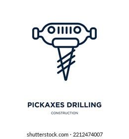 pickaxes drilling icon from construction collection. Thin linear pickaxes drilling, pickaxe, hammer outline icon isolated on white background. Line vector pickaxes drilling sign, symbol for web and 