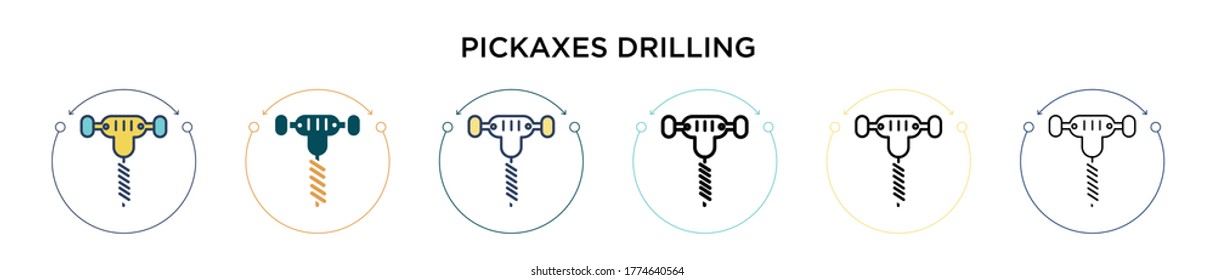 Pickaxes drilling icon in filled, thin line, outline and stroke style. Vector illustration of two colored and black pickaxes drilling vector icons designs can be used for mobile, ui, web