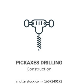Icono de vector de contorno de taladrado de paginas. Icono de perforación de pickaxes negros de línea delgada, ilustración de elemento simple vector plano del concepto de construcción editable trazo aislado en fondo blanco