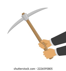 Pickaxes in minners hand isolated on white background. Digging or mining tools element. Wooden pickaxe with iron tip. Vector hand tool for extracting minerals.