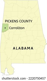 Pickens County and town of Carrollton location on Alabama state map