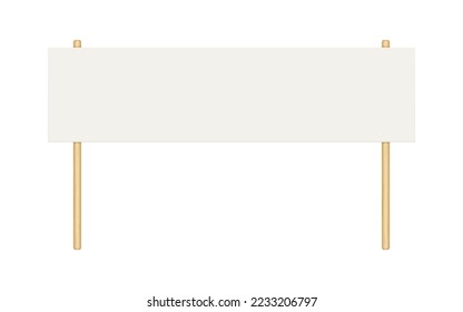 Picket banner frame. Blank demonstration banner mock up. Empty protest placard with wooden poles. Realistic politic strike board mockup. Vector illustration isolated on white background.