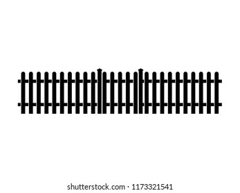 Picket fence silhouette with gate icon. Clipart image isolated on green background