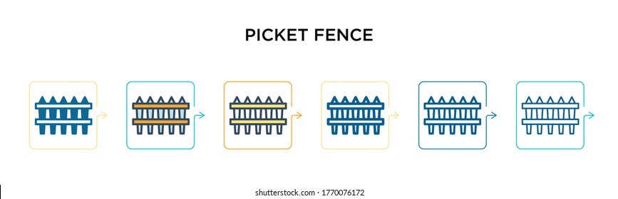 Picket fence vector icon in 6 different modern styles. Black, two colored picket fence icons designed in filled, outline, line and stroke style. Vector illustration can be used for web, mobile, ui