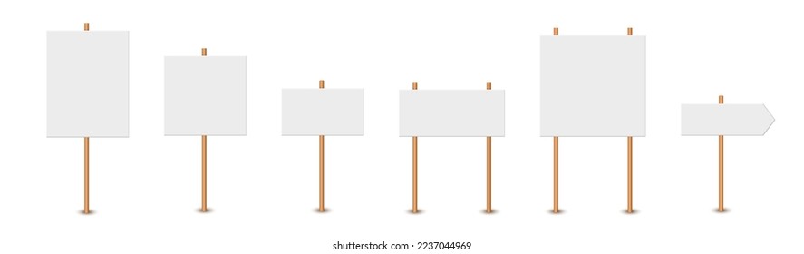 Picket sign, demonstration banners, public transparency, protest placard. Design blank boards with sticks, wooden holders template. Concept sign picket element