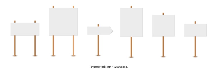 Picket sign, demonstration banners, public transparency, protest placard. Design blank boards with sticks, wooden holders template. Concept sign picket element