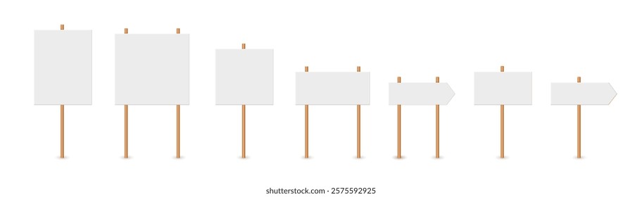 Picket sign, demonstration banners, public transparency, protest placard. Design blank boards with sticks, wooden holders template. Concept sign picket element