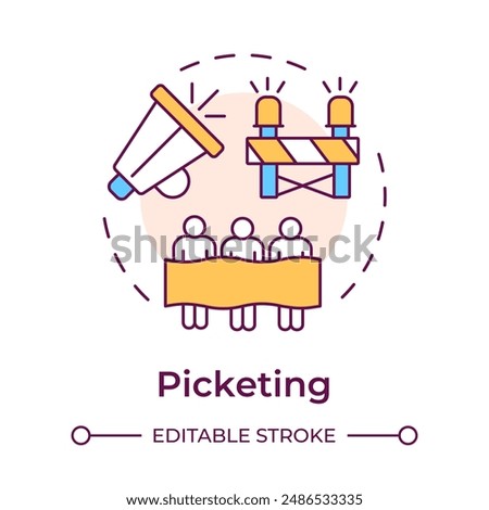 Picketing multi color concept icon. Labor protest, workers strike. Working conditions. Round shape line illustration. Abstract idea. Graphic design. Easy to use in infographic, presentation