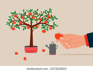 Picking apples from tree. Investment growth. Flat vector illustration