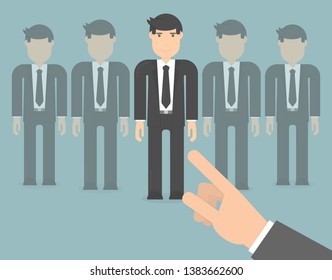 Picking the best candidate for the job concept. Hand pointing to a smiling young business man character