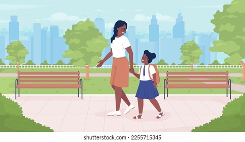 Picking up child after school day flat color vector illustration. Mom with female first grader in school uniform. Fully editable 2D simple cartoon characters with park and cityscape on background