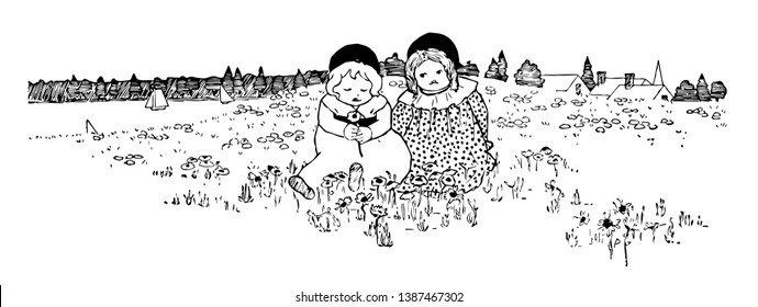 Picking Daisies have Two small children in a field, vintage line drawing or engraving illustration.