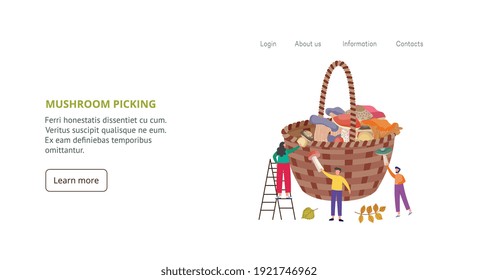 Picking edible forest mushrooms. Tiny people fill a basket funguses collects in woodland. Leisure activity or hobby outdoors in autumn season. Vector landing page template.